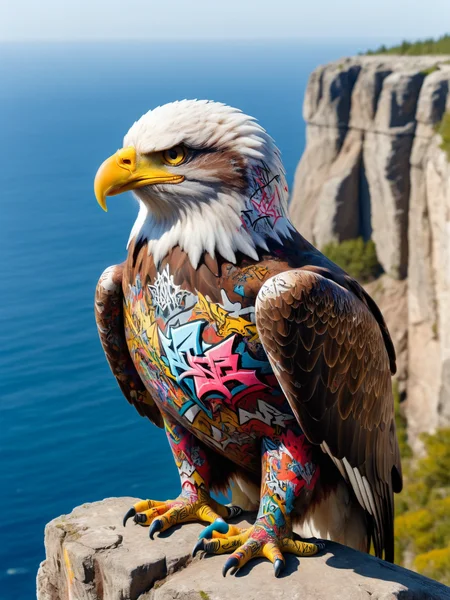 a ais-graffiti eagle sat on the edge of a cliff <lora:Graffiti_SDXL:1>
