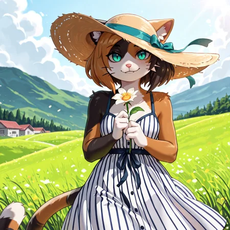 masterpiece, best quality, newest, absurdres, highres, furry, perfect anatomy, K4w4,1girl,solo,furry,furry female,cat girl,short hair,multicolored hair,cat ears,aqua eyes,slit pupils,snout,animal nose,whiskers,body fur,two-tone fur,cat tail,striped tail, hills, grass, sunny, windy, striped dress, black and white dress, sun hat, sunshine, beautiful, looking at viewer, happy, smiling, holding flower,