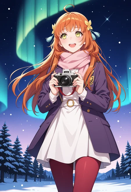 masterpiece,best quality,1girl, long hair, orange hair, green eyes, ahoge, hair flower,
upper teeth only, looking away, standing, holding camera,pink scarf, purple jacket, open jacket, white sweater, red pantyhose, outdoors, night, starry sky, star (sky), aurora, snowing, smile, <lora:kohana_aigasaki_meipaws:.9>, <lora:NoobV065sHyperDmd:.5>,