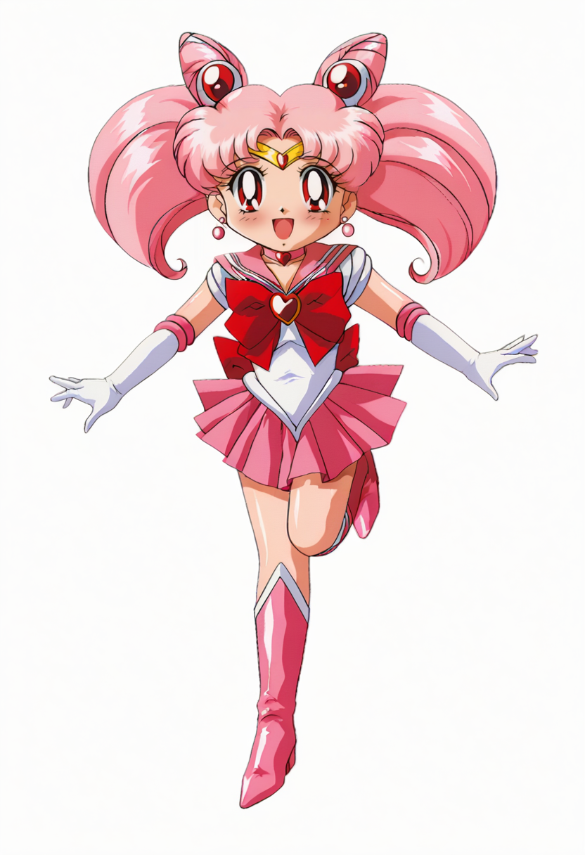 score_9, score_7_up, hd, (ultra hd quality details), white background, 1990s \(style\), retro artstyle, 
solo, 1girl, chibi usa,pink hair,long hair,cone hair bun,double bun,twintails,red eyes,hair ornament,
sailor chibi moon,sailor senshi uniform,magical girl,pink sailor collar,earrings,tiara,jewelry,heart brooch,pink choker,skirt,bow,white gloves,elbow gloves,
knee boots,
looking at viewer, blush, smile, open mouth, 
dynamic pose,
<lora:_eyeball_style-elesico-pony-12:1> <lora:satoimo_chibi_moon_pony_V1:0.8>