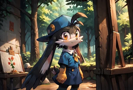 score_9, score_8_up, score_7_up, score_6_up, score_5_up, score_4_up, <lora:Klonoa_Character_PonyXL:0.8> , Klonoa, two long ears, fur, anthro, Klonoa, g5, rich colors, forest operations, forest, thicket, communal appearance , presents a painting of rabbits and pony, aroused, front view, detailed background, detailed, 8k quality, side view, beautiful, teasing, easel and brushes, leaned to the floor, freely actions, dress,