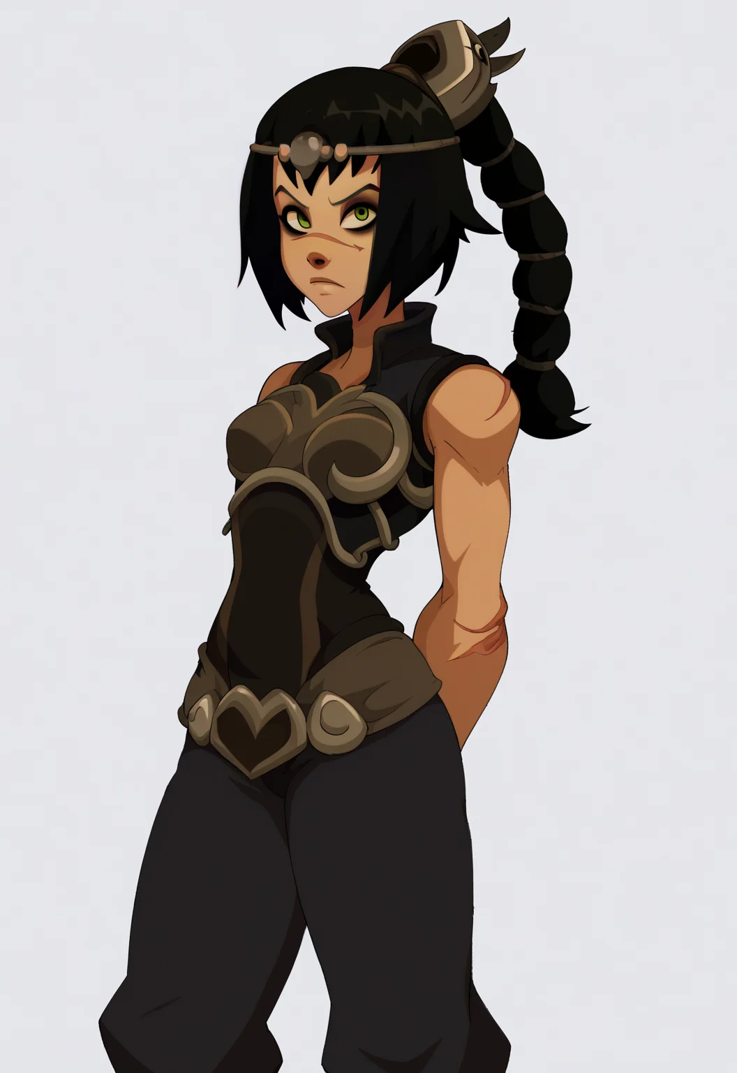 score_9, score_8_up, wakfu, 1girl, solo, shadowheart, black hair, braided ponytail, green eyes, scar on face, circlet, looking at viewer, armor, pants,
arms behind back, standing, looking at viewer, white background <lora:ShadowHeartXL:0.8> <lora:WakfuPDXL_byKonan:1>