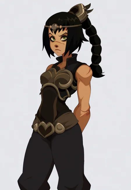 score_9, score_8_up, wakfu, 1girl, solo, shadowheart, black hair, braided ponytail, green eyes, scar on face, circlet, looking at viewer, armor, pants,
arms behind back, standing, looking at viewer, white background <lora:ShadowHeartXL:0.8> <lora:WakfuPDXL_byKonan:1>