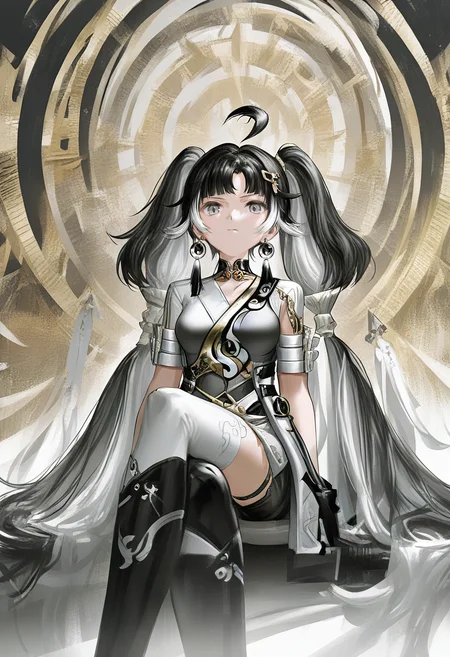 1girl, solo, black hair, long hair, jewelry, earrings, boots, crossed legs, looking at viewer, sitting, black footwear, thighhighs, breasts, twintails, grey eyes, closed mouth, thigh boots, multicolored hair, ahoge, very long hair, white thighhighs, shorts <lora:YLXL_NBVP1_lokr_V6311P:0.95>
