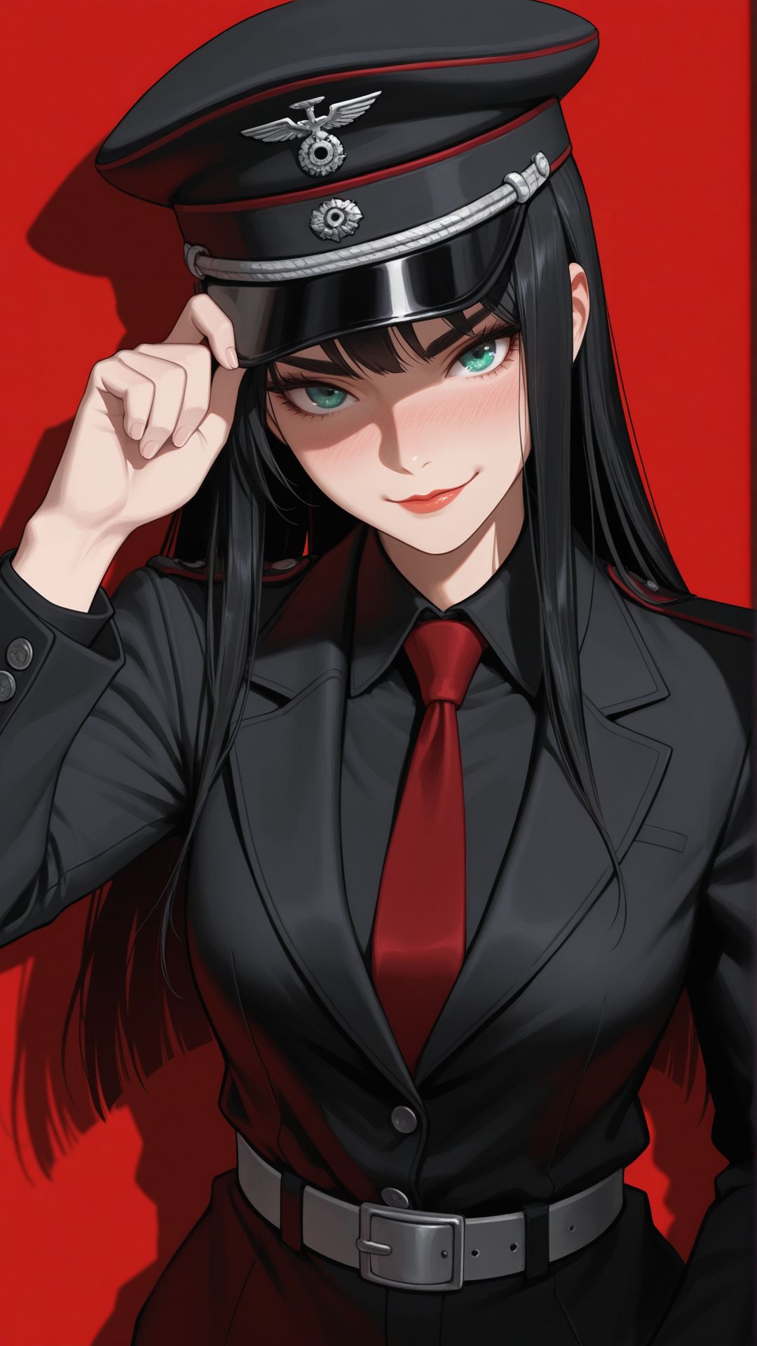1girl, portrait, <lora:add-detail-xl:1>,
masterpiece,best quality,
long hair, black hair, straight hair, emerald eyes, detailed eyes, red lips, closed mouth, nose blush, thick eyebrows, military style cap, sleek cap, black cap, black suit, black blazer, black shirt, red necktie, adjusting cap with one hand, black belt, silver belt buckle, black  pants,
confident expression, intense gaze, dramatic lighting, shadows, smirk, deep red background, high detail illustration, modern, stylish aesthetic, striking composition, blod composition, 
looking at viewer, facing viewer, cowboy body shot
