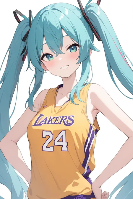 masterpiece, best quality, 1girl, solo,upper body,smile, yellow shirt, basketball uniform,hatsune miku,  <lora:No.24 jersey_xl:1>,simple background,hands on hips,