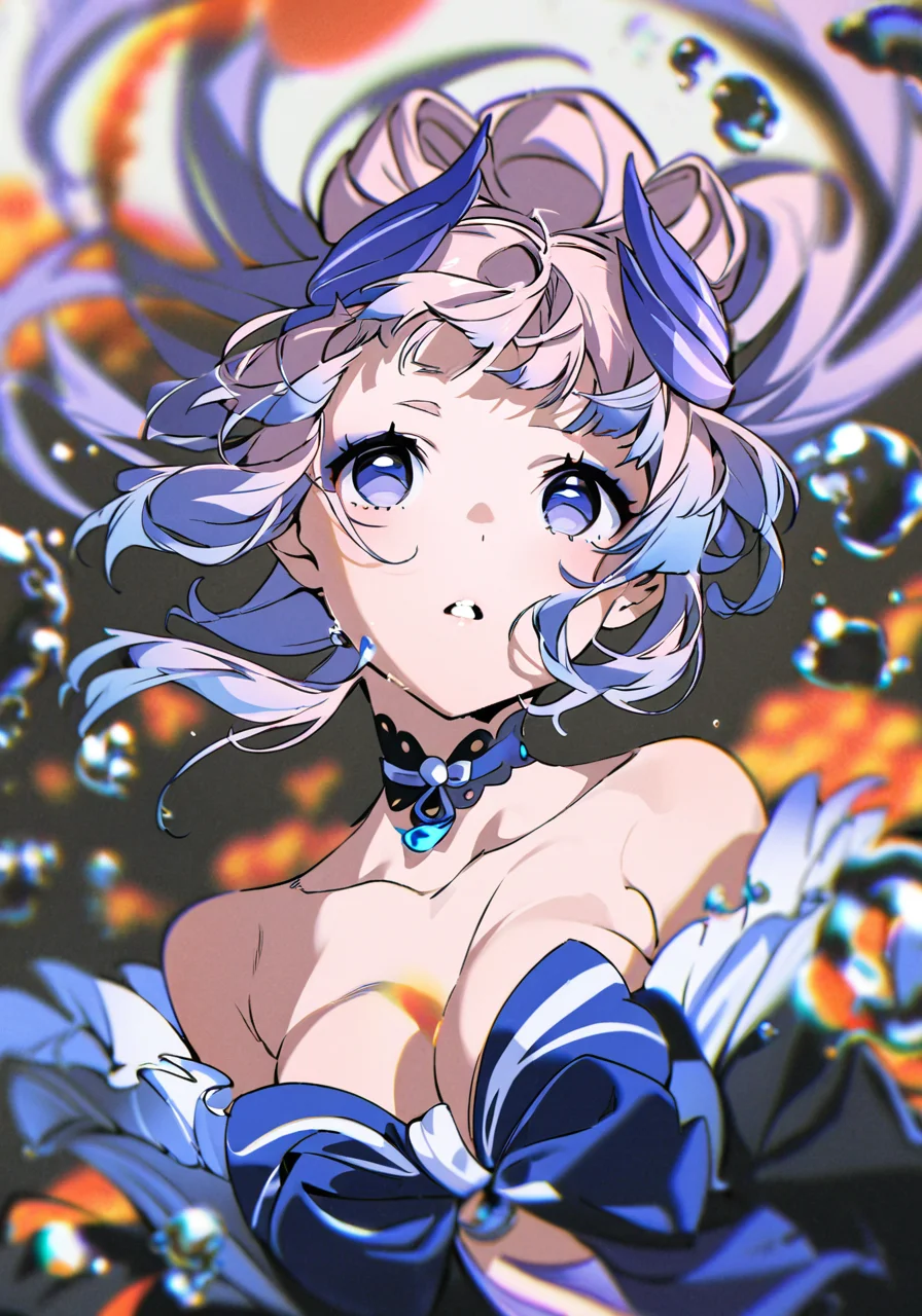 masterpiece, best quality, <lora:yoneyama-a31:1>,yoneyama mai, 1girl, solo,sangonomiya kokomi (genshin impact ),sangonomiya kokomi, hair ornament,open mouth, bubble, air bubble, upper body, looking at viewer, floating hair, looking up, eyelashes, parted lips, bangs, water, submerged, blurry, multicolored hair,purple hair, long hair,japanese clothes, underwater,chromatic aberration, bare shoulders, choker,cleavage,