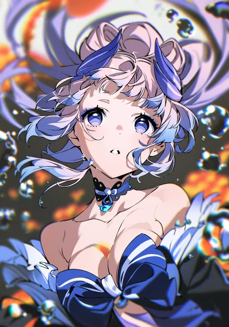 masterpiece, best quality, <lora:yoneyama-a31:1>,yoneyama mai, 1girl, solo,sangonomiya kokomi (genshin impact ),sangonomiya kokomi, hair ornament,open mouth, bubble, air bubble, upper body, looking at viewer, floating hair, looking up, eyelashes, parted lips, bangs, water, submerged, blurry, multicolored hair,purple hair, long hair,japanese clothes, underwater,chromatic aberration, bare shoulders, choker,cleavage,