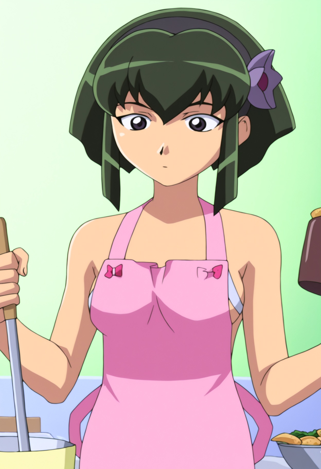 high quality, newest, hires, 
barnette orangello, 1girl, solo, breasts, short hair, bangs, hair ornament, holding, flower, sidelocks, hairband, food, green hair, hair flower, black eyes, apron, cooking, sake bottle