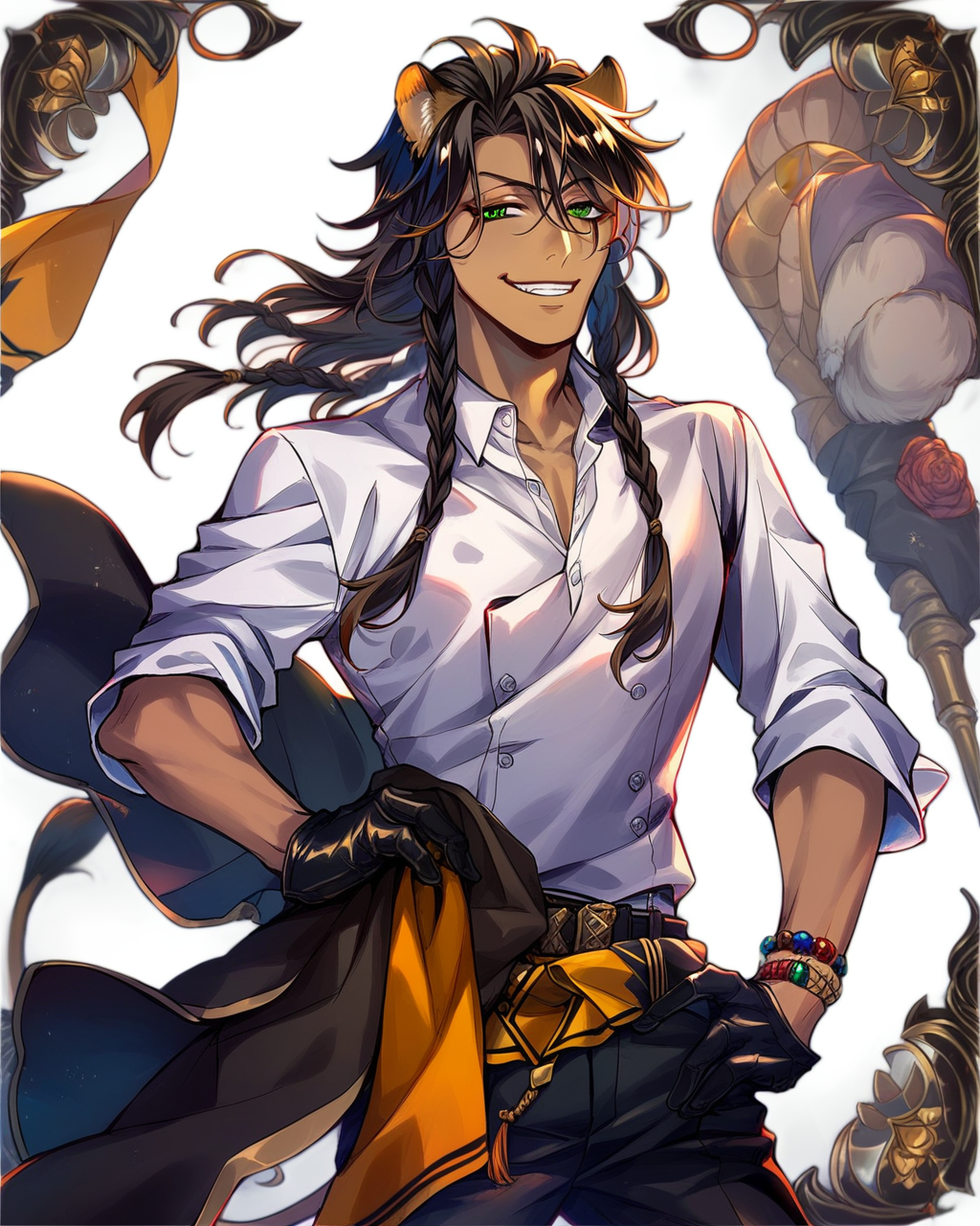 <lora:Leona KingscholarPDXL_v1:1>1boy, Leona KingscholarPDXL, male focus, gloves, braid, solo, black gloves, jewelry, shirt, white shirt, smile, bracelet, hand on hip, looking at viewer, pants, belt, black pants, twin braids, School uniform, score_9, score_8_up, score_7_up,