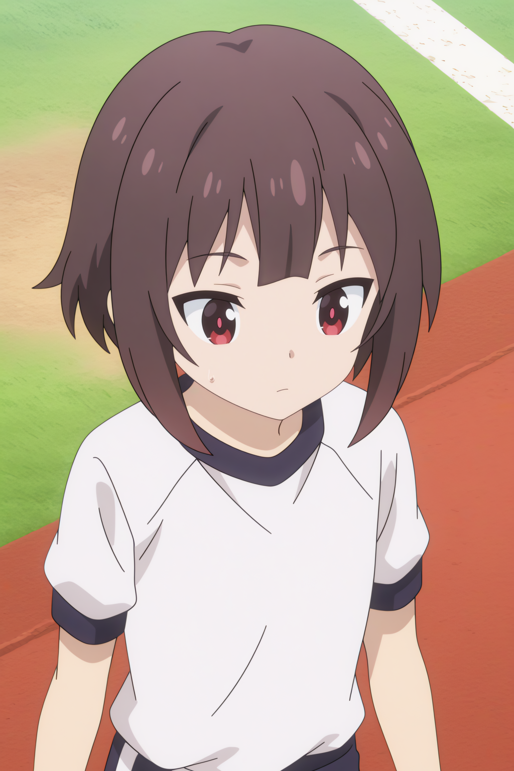 upper body,  Megumin, gym uniform, white footwear, white shirt   <lora:Konosuba_Bakuen_-_Megumin_-_illustrious:0.8>