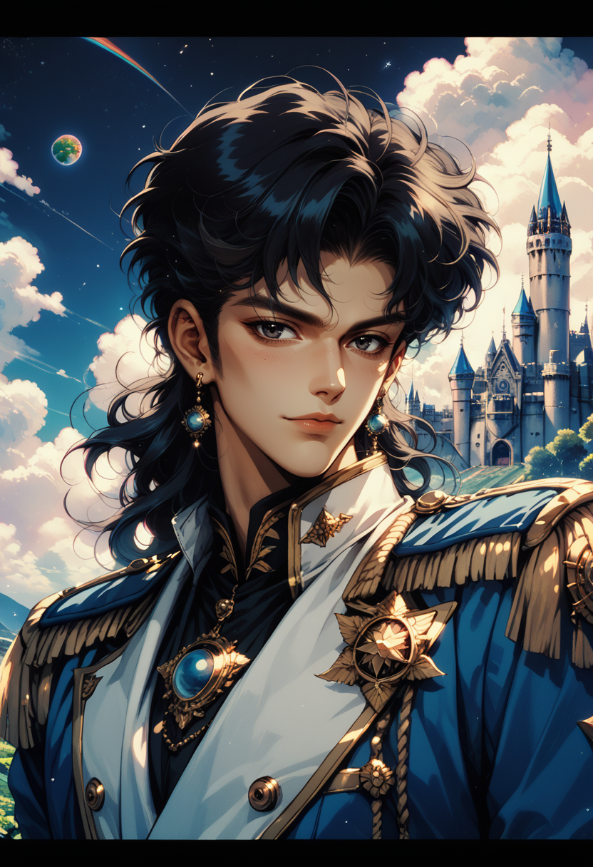 (score_9, score_8_up), score_7_up,
looking at viewer, black hair, 1boy, jewelry, upper body, male focus, earrings, sky, cloud, black eyes, wavy hair, moon, letterboxed, star (sky), epaulettes, gakuran, rainbow, planet, castle, retro  <lora:nostalgia-000011:0.5>
