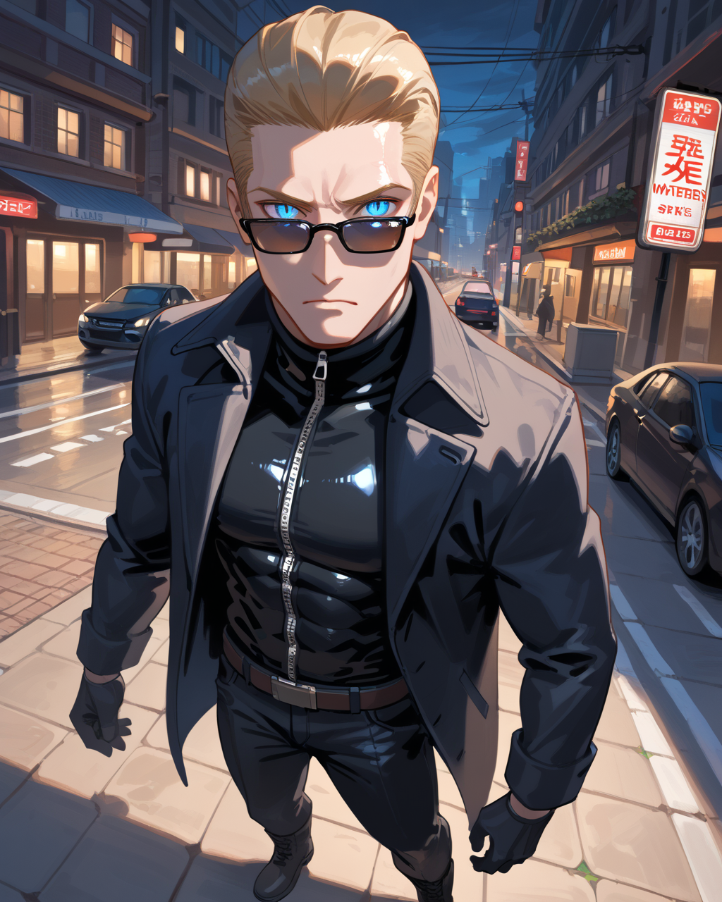 PonyScores7, source_anime, ah1, best quality, (masterpiece:1.4), (high quality:1.4), sharp focus, 4k, absurd resolution, <lora:albertwesker-guy-PONYv1:0.8> albertwesker, albert wesker, 1boy,  blonde, black gloves, (sunglasses:1.3), belt, black coat, black pants, looking at viewer, toned, athletic, fit, slicked back hair, black turtleneck, zipper, mature male, black boots, (courageous merchant, with a caravan of goods forging trade routes through hostile territories), (City Traffic signals Street lights Neon signs Decorative signs building), bad-hands-5, (Eerie, A disconcerting and unsettling visage, sometimes with a haunting quality), <lora:xl_more_art-full_v1:0.2>, <lora:shinyskin2:0.2> glistening skin, <lora:aesthetic_anime_v1s:0.2>, <lora:Expressive_H:0.2> Expressiveh, <lora:hairdetailpxl:0.2> hairdetailpxl, <lora:detailxl:0.2> detailxl, (Aerial view), (focused, intense glare), slit pupils, short hair, (blue eyes), best quality, amazing quality, best aesthetic, absurdres, <lora:expressive eyes:0.2> expressive eyes, <lora:eyedetailpxl:0.2> eyedetailpxl, illustration, Volumetric_Lighting, ultra-detailed, very aesthetic, intricate details, 8k, masterpiece, best_quality, (angular face, sharp_featured face), <lora:Eyes_High_Definition:0.4> EyesHD,