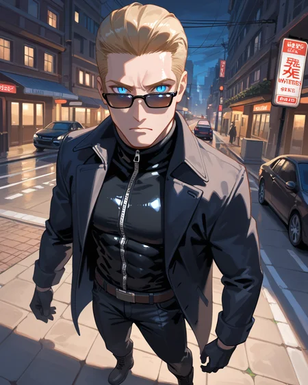 PonyScores7, source_anime, ah1, best quality, (masterpiece:1.4), (high quality:1.4), sharp focus, 4k, absurd resolution, <lora:albertwesker-guy-PONYv1:0.8> albertwesker, albert wesker, 1boy,  blonde, black gloves, (sunglasses:1.3), belt, black coat, black pants, looking at viewer, toned, athletic, fit, slicked back hair, black turtleneck, zipper, mature male, black boots, (courageous merchant, with a caravan of goods forging trade routes through hostile territories), (City Traffic signals Street lights Neon signs Decorative signs building), bad-hands-5, (Eerie, A disconcerting and unsettling visage, sometimes with a haunting quality), <lora:xl_more_art-full_v1:0.2>, <lora:shinyskin2:0.2> glistening skin, <lora:aesthetic_anime_v1s:0.2>, <lora:Expressive_H:0.2> Expressiveh, <lora:hairdetailpxl:0.2> hairdetailpxl, <lora:detailxl:0.2> detailxl, (Aerial view), (focused, intense glare), slit pupils, short hair, (blue eyes), best quality, amazing quality, best aesthetic, absurdres, <lora:expressive eyes:0.2> expressive eyes, <lora:eyedetailpxl:0.2> eyedetailpxl, illustration, Volumetric_Lighting, ultra-detailed, very aesthetic, intricate details, 8k, masterpiece, best_quality, (angular face, sharp_featured face), <lora:Eyes_High_Definition:0.4> EyesHD,