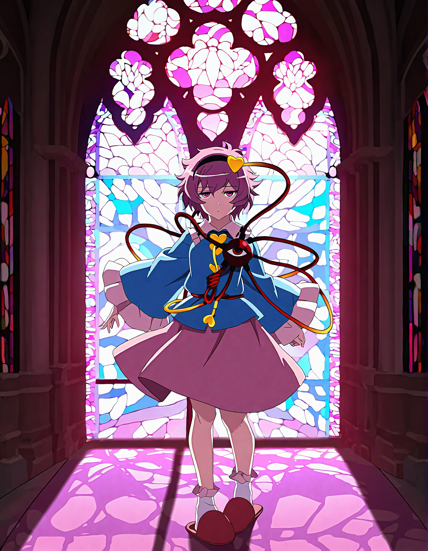 memoriesofphantasm, 1girl, komeiji satori, solo, skirt, slippers, third eye, hairband, heart, short hair, pink hair, shirt, pink skirt, long sleeves, socks, pink eyes, blue shirt, general, wide sleeves, stained glass, sensitive, frills, full body, white socks, eyeball, looking at viewer
very awa, masterpiece, best quality, year 2024, newest, highres, absurdres, <lora:memories-of-phantasm-style-noobai-vpred10:1>