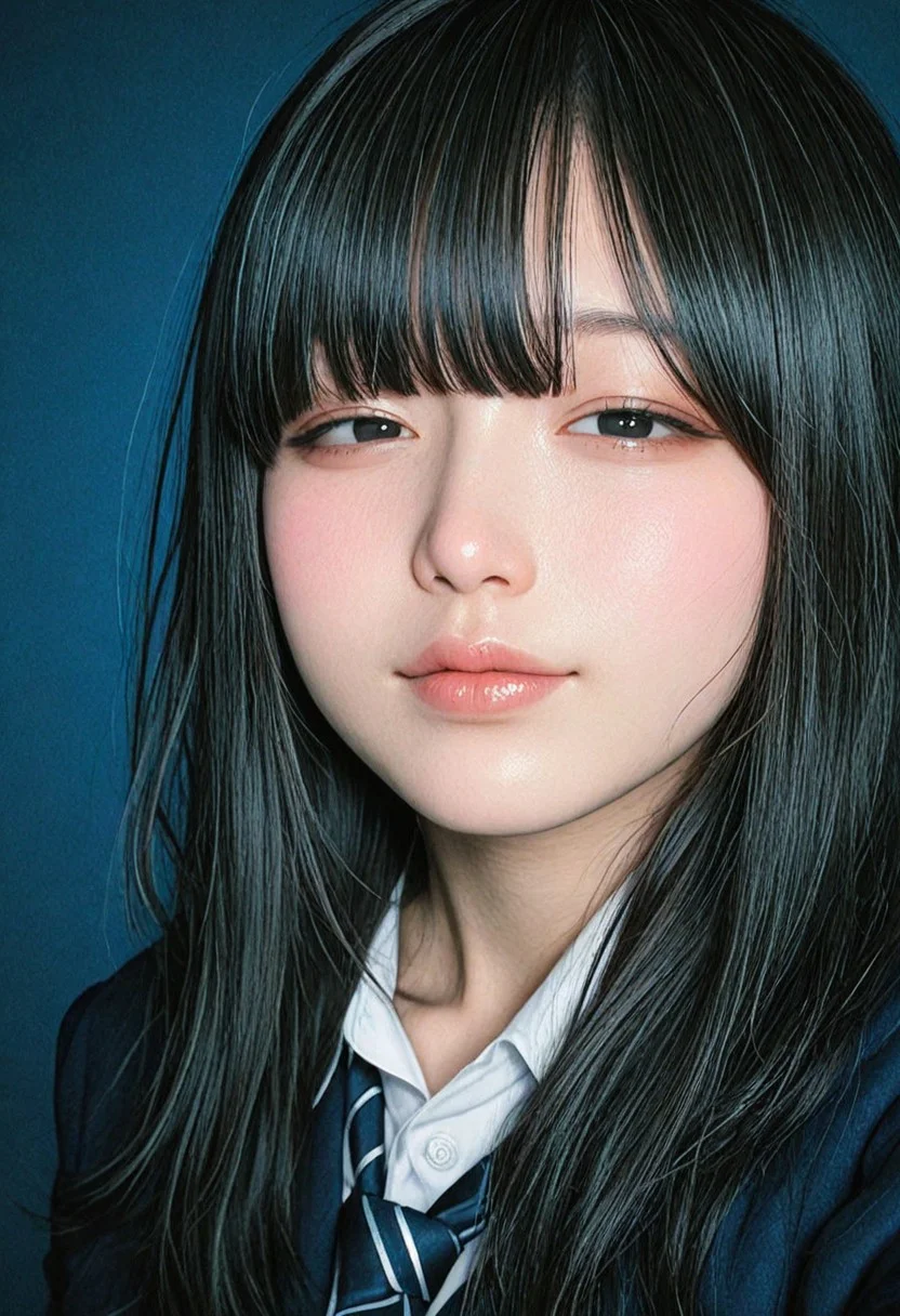 , raytracing, very awa, high resolution, official art, realistic, masterpiece, best quality, film grain, Film Still, realistic,photorealistic, super detailed skin, realistic skin, realistic human skin, Realistic skin tones, Three-dimensional skin, (simple blue background), (Low brightness lighting),
BREAK
, (Korea Cosplayers:), (Taiwan Cosplayers:), (Japanese Cosplayers:), (blue_archive), virtual youtuber, hololive, nijisanji.jp, (ars almal:0.8), (Suzuhara Lulu:0.5), (Houshou Marine:0.8),
BREAK
, kawaii girl, (jiraikei face), ((18-year-old)), perfect eyes, (narrow nose), half-closed eyes, (petite), black hair, long hair, black eyes, thin lips, ((School Uniform)), Front view,
BREAK
, solo, Selfie style, selfie photo, ((nsfw))