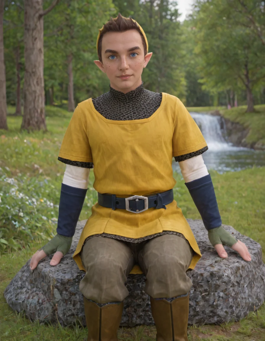 score_9, score_8_up, score_7_up, outdoors, tree, grass, sitting, stream, on rock
BREAK <lora:Pipit_-_Zelda_Skyward_Sword_-_Pony:0.8> ss_pipit, mature, male, pointy ears, brown hair, short hair, blue eyes, freckles, yellow hat, yellow tunic, chainmail undershirt, blue fingerless gloves, belt, pants, boots