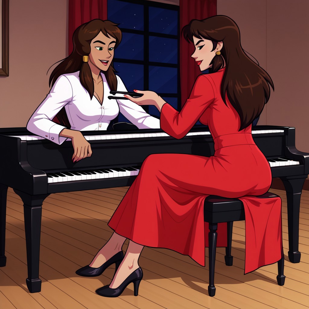 Sadira sitting at her piano and playing her piano
