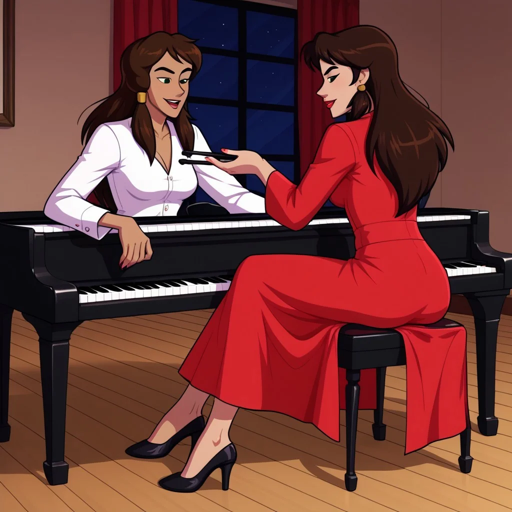 Sadira sitting at her piano and playing her piano