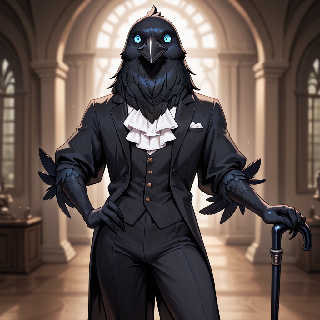 masterpiece, best quality, amazing quality, very aesthetic, solo, 
kenku, anthro bird, anthro crow, plumage,
1 boy, male focus, blue eyes, black tuxedo, white frill, holding a cane,
looking at the viewer, posing, 
fantasy background, blurred background