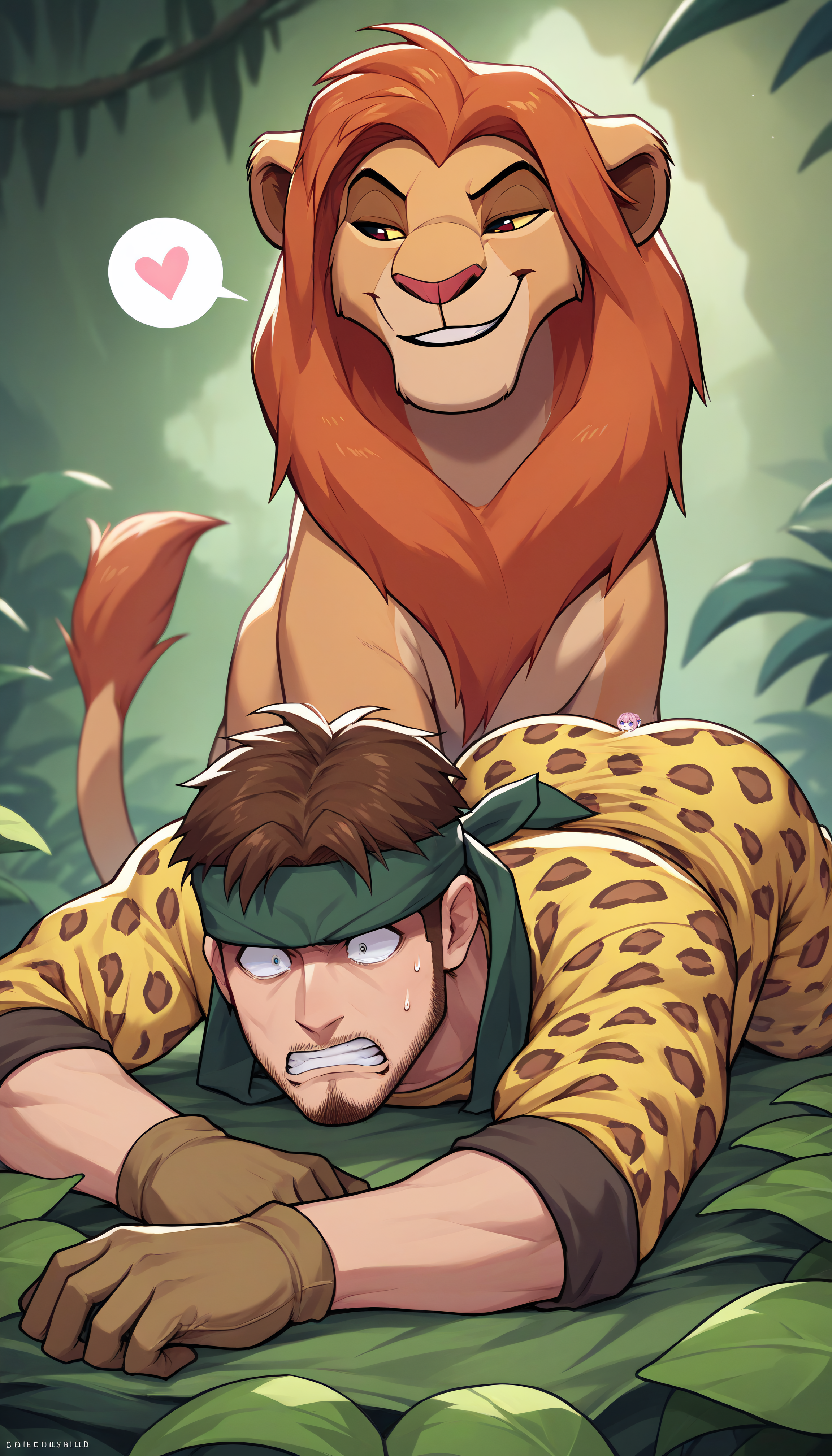 score_9, score_8_up, score_7_up, source_cartoon, outdoors, jungle
BREAK  the lion king, simba, lion, walking, smug, smile, spoken heart, heart
BREAK <lora:solidsnake-pdxl-nvwls-v1:0.9> man, solo, solidsnake, brown hair, beard, facial hair, headband, [grey bodysuit:(leopard print, animal print), yellow bodysuit, yellow pajamas:0.1], gloves, mature male, crawling, prone, teardrop, sweatdrop, hiding, sneaking, face down,  spoken exclamation, on stomach, facing viewer, ass, top-down bottom-up, scared, terrified, surprised, clenched teeth