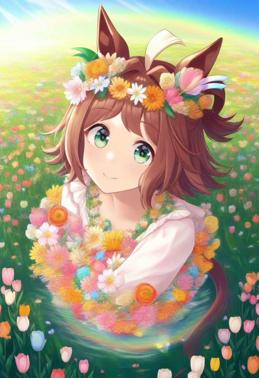 Tulip flower hair_ornament, (umamusume, rhein_kraft_(umamusume), horse_ears, horse_girl, tail, 1girl, ahoge, animal_ears,)
casual, field, flower, flower_field, green_eyes, hair_between_eyes,
head_wreath, looking_at_viewer,  solo, aesthetic, absurdres, symmetric ,spiralling vortex made of multicoloured tulips, lush foliage sunrise,  ripples, reflective, jaynl-tm, rainbow, , g0ldsw0rthy,
(realistic, photo,  artistic, medium_hair, one_eye_closed, petals, relaxing, smile,  : 0.7)