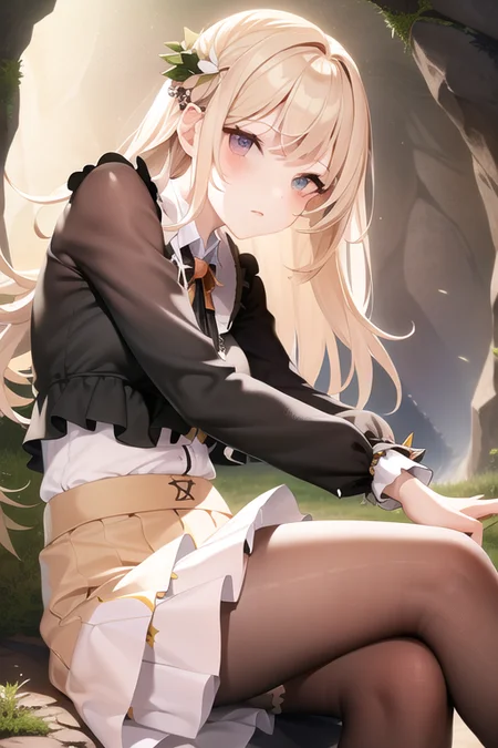photo of a woman sitting sitcrossleg <lora:sitcrossleg2_rvkwi:1>, flower blouse and skirt, in a cave