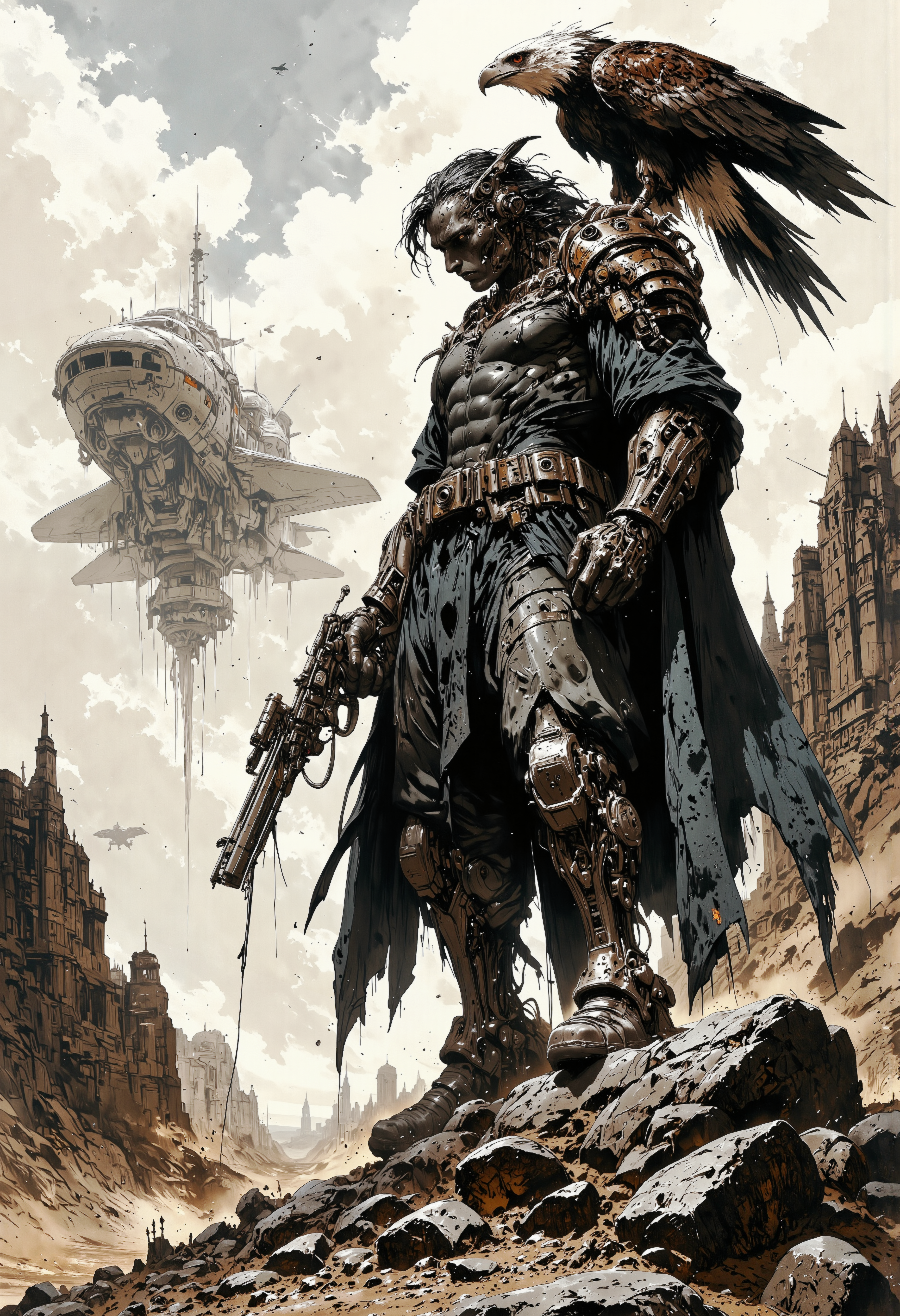 A lone, enigmatic figure stands atop a rugged rock formation in a desolate, misty landscape, embodying a sense of mystery and power. The figure, dressed in dark, flowing garments and heavy boots, exudes a gothic aesthetic, reminiscent of a classic anti-hero. An eagle perches on the figure's shoulder, its glossy feathers contrasting against the muted background. The scene is bathed in soft, diffused light, creating an ethereal glow that highlights the swirling dust and mist surrounding them. The palette is dominated by shades of deep browns, blacks, and pale grays, enhancing the somber yet dramatic atmosphere. The figure clutches an old vintage firearm, evoking a sense of danger and intrigue, while the overall composition captures an impressionistic style, blending realism with a touch of the surreal.  On the background a spaceship falling to the ground burging., B&W, anime, cyberpunk<lora:Flux/Wraith_BW_Flux.safetensors:0.5:0.5> <lora:Flux/CPA.safetensors:0.8:0.8> <lora:Flux/MysticFantasy.safetensors:1.0:1.0>
