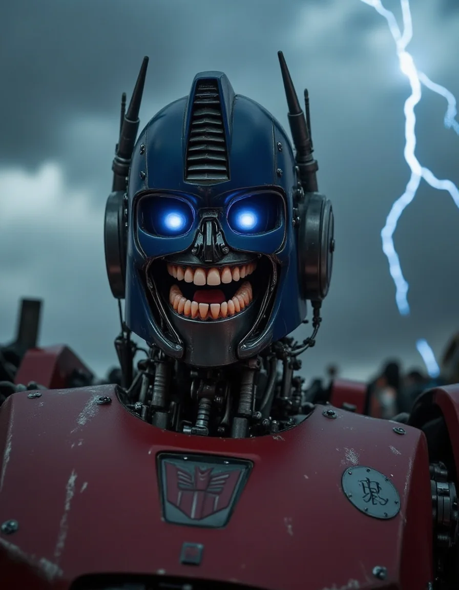 Under a stormy sky, Optimus Prime towers over the battlefield, lightning illuminating his vibrant red and blue armor. As his battle mask retracts, his mouth reveals ral-rbotth, gleaming human-like teeth that seem out of place in the otherwise alien and mechanical face. Their perfect alignment and wet sheen make the teeth strangely lifelike, creating an unsettling mix of organic and robotic.
 <lora:ral-rbotth-flux_000003000:1>