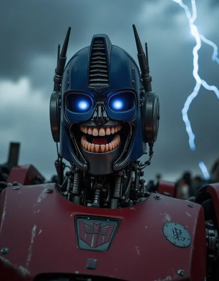 Under a stormy sky, Optimus Prime towers over the battlefield, lightning illuminating his vibrant red and blue armor. As his battle mask retracts, his mouth reveals ral-rbotth, gleaming human-like teeth that seem out of place in the otherwise alien and mechanical face. Their perfect alignment and wet sheen make the teeth strangely lifelike, creating an unsettling mix of organic and robotic.
<lora:ral-rbotth-flux_000003000:1>