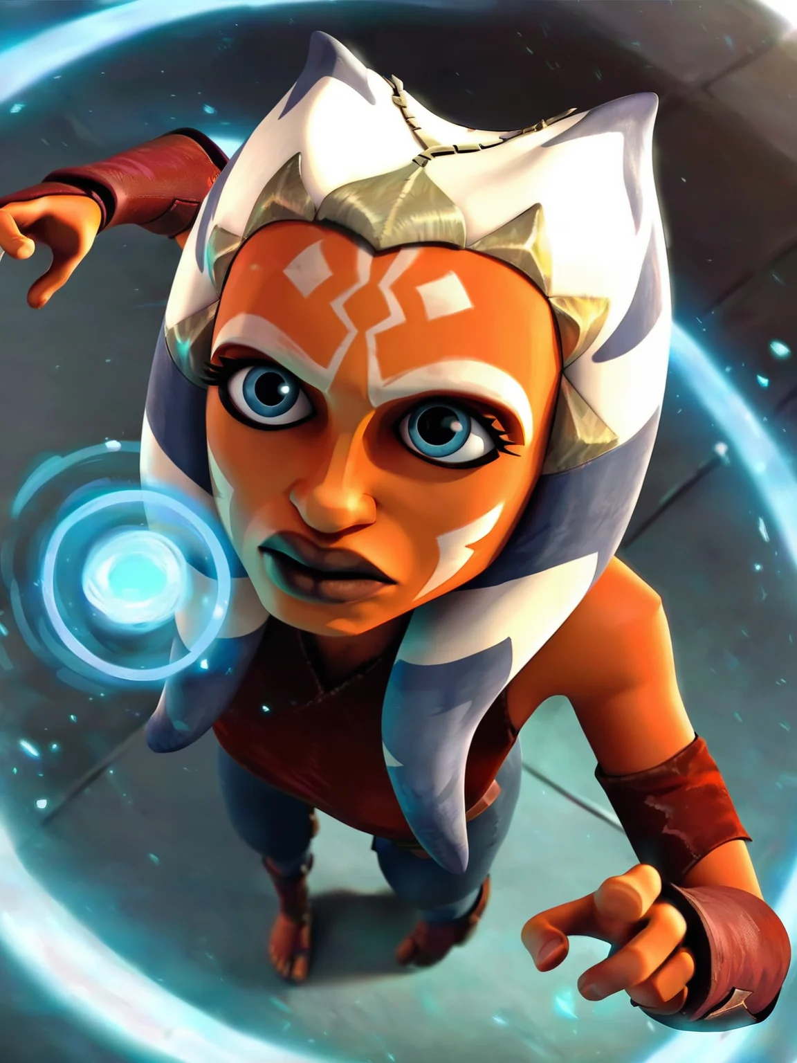 solo focus, <lora:Asoka_Tano:0.7> a_t, 1girl, orange skin, white and blue hair, tentacle hair, blue eyes, tattoo on face, dark lips, mage, magic, epic pose, full body, score_9, score_8_up, score_7_up,