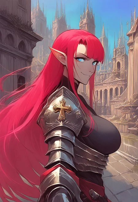 score_9, score_8_up, score_7_up, source_6_up, source_anime, source_real, cowboy shot, eldringpxl, elden ring, MLDYork, duke of york \(azur lane\), 1girl, mature female, solo, blue eyes, large breasts, long hair, pink hair, pointy ears, seductive smile, smirk, crucible knight, full armor, breastplate, outside, city, white marble buildings, gold detailing on buildings, Thomas Kinkade,