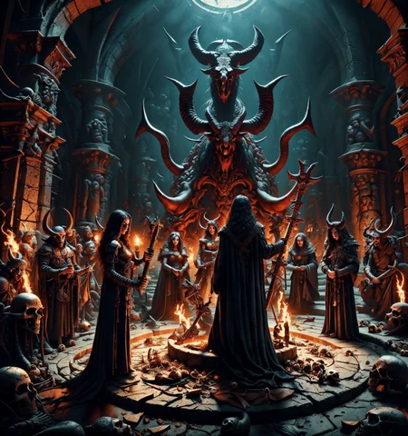 RAW photo, (masterpiece:1.3), subsurface scattering, heavy shadow, (high quality:1.4), (intricate, high detail:1.2), professional photography, HDR, High Dynamic Range, realistic, ultra realistic, photorealistic, high resolution, film photography, ambient lighting, atmospheric effects, <lora:detail_slider_v4:2>, OverallDetail, and, demon, foreground, front, group, hands, horned, man, next, ritual, skulls, staff, standing, sword, the, with, <lora:FantasyRitual:1>, epiCPhoto