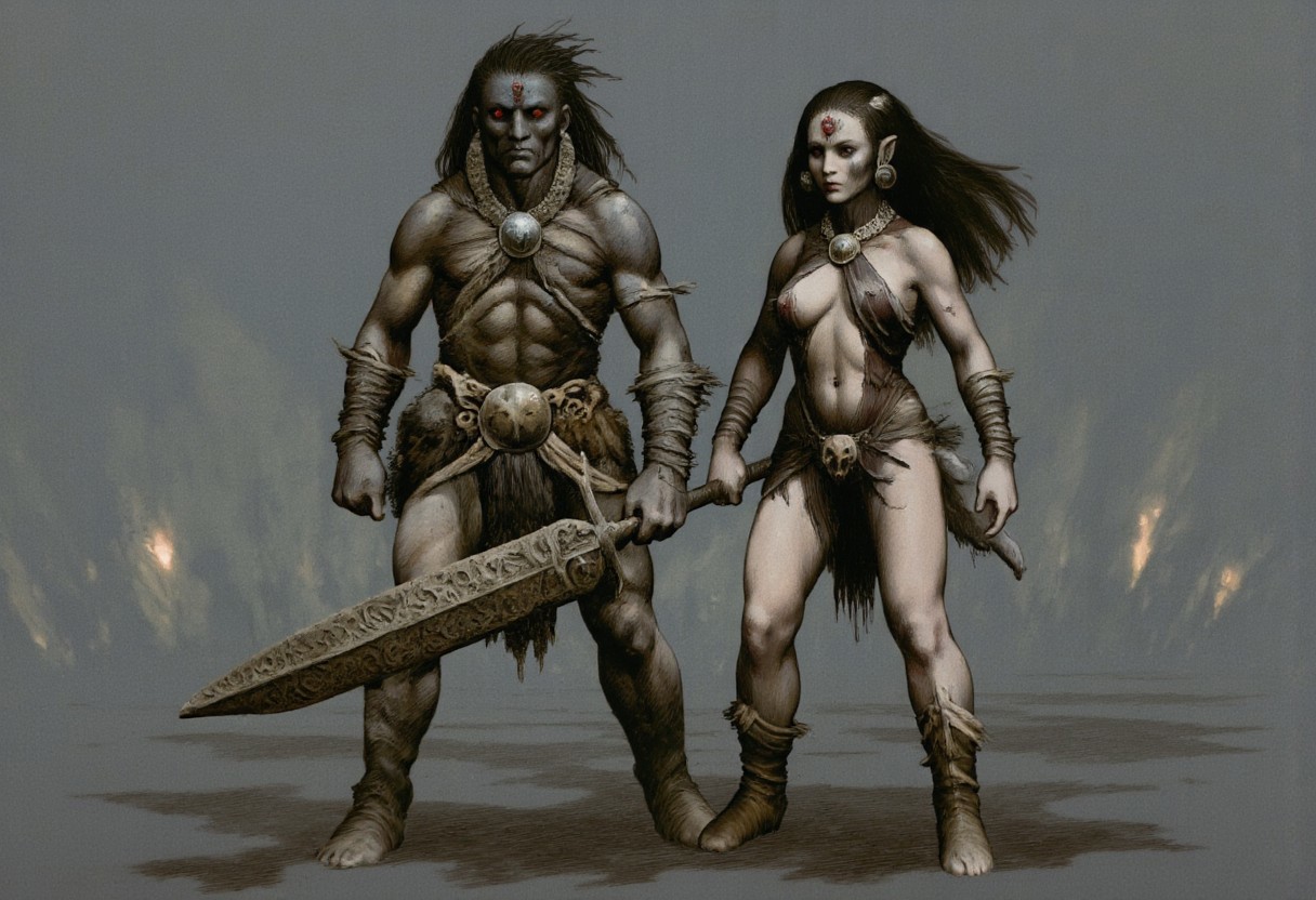 b3rs3rk macro lens d4concept pov, 3D01S, simple background d4artstyle atmospheric and powerful MikeFranchinastyle dark fantasy, natural organic and first person pov of a berserk style creature in the frazetta drawing style and Tsutomu Nihei style
Two fierce warriors stand side by side, embodying primal strength and raw beauty. The male warrior is a muscular barbarian, clad in animal skins and leather, his powerful build and chiseled features highlighted by the warm glow of torchlight. He grips a massive, intricately carved sword, with veins of silver running through the blade. Conans long, wild hair flows down to his shoulders, and a rugged necklace made of bones and teeth adorns his chest. The female warrior exudes a feral elegance, with dark flowing hair and piercing eyes. Belit wears minimal attire made from animal fur and leather, with a small animal skull as an adornment at her waist. Her confident stance and fierce expression indicate a warrior spirit. Background is minimal, with faint, swirling shadows suggesting a campfire or cave. Style: hyper-realistic, reminiscent of classic fantasy art, with a focus on anatomy and texture. Mood: intense and primal, evoking a sense of untamed wilderness.
Background solid color with a faded dimly lit, fog-covered darkness tone that emphasizes its silhouette. 
UHD letterboxed game trailer frame chromatic aberration dark atmosphere sharp masterpiece with a focus on the character, elden ring, dark atmosphere