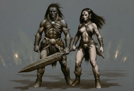 b3rs3rk macro lens d4concept pov, 3D01S, simple background d4artstyle atmospheric and powerful MikeFranchinastyle dark fantasy, natural organic and first person pov of a berserk style creature in the frazetta drawing style and Tsutomu Nihei style
Two fierce warriors stand side by side, embodying primal strength and raw beauty. The male warrior is a muscular barbarian, clad in animal skins and leather, his powerful build and chiseled features highlighted by the warm glow of torchlight. He grips a massive, intricately carved sword, with veins of silver running through the blade. Conans long, wild hair flows down to his shoulders, and a rugged necklace made of bones and teeth adorns his chest. The female warrior exudes a feral elegance, with dark flowing hair and piercing eyes. Belit wears minimal attire made from animal fur and leather, with a small animal skull as an adornment at her waist. Her confident stance and fierce expression indicate a warrior spirit. Background is minimal, with faint, swirling shadows suggesting a campfire or cave. Style: hyper-realistic, reminiscent of classic fantasy art, with a focus on anatomy and texture. Mood: intense and primal, evoking a sense of untamed wilderness.
Background solid color with a faded dimly lit, fog-covered darkness tone that emphasizes its silhouette.
UHD letterboxed game trailer frame chromatic aberration dark atmosphere sharp masterpiece with a focus on the character, elden ring, dark atmosphere