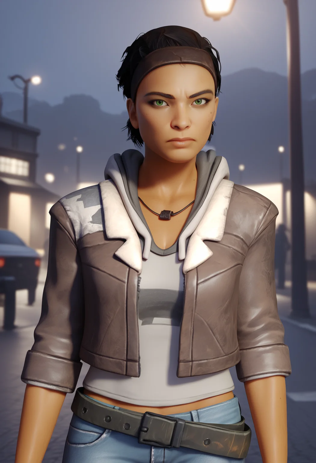 score_9,score_8_up,score_7_up,score_6_up,score_5_up,score_4_up BREAK
realistic,render,blender \(medium\),
1girl, alyxvance, tan skin, black hair, multicolored hair, green eyes,
belt, jacket, jeans, hoodie, necklace,
upper body, serious, standing, looking at viewer, solo, outdoors, night, ruined street city background <lora:AlyxVanceXL:1>