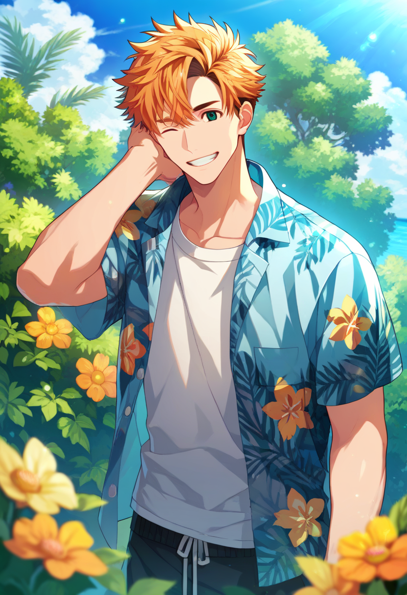 1boy, male focus, 
,((zPDXL)), score_9_up, score_8_up, score_7_up, score_6_up, score_5_up, score_4_up, best quality, amazing quality, best aesthetic, absurdres, year2023, uncensored, nsfw, official art, official style, depth of field, detailed eye,
<lora:Character - StaOke - Takuto Akabane:0.8> green eyes, orange hair, takuto
outdoor, smile, looking at viewer,
takutosummer, blue hawaiian shirt, open shirt, white t-shirt, 
summer, bush, shushing, one eye closed,