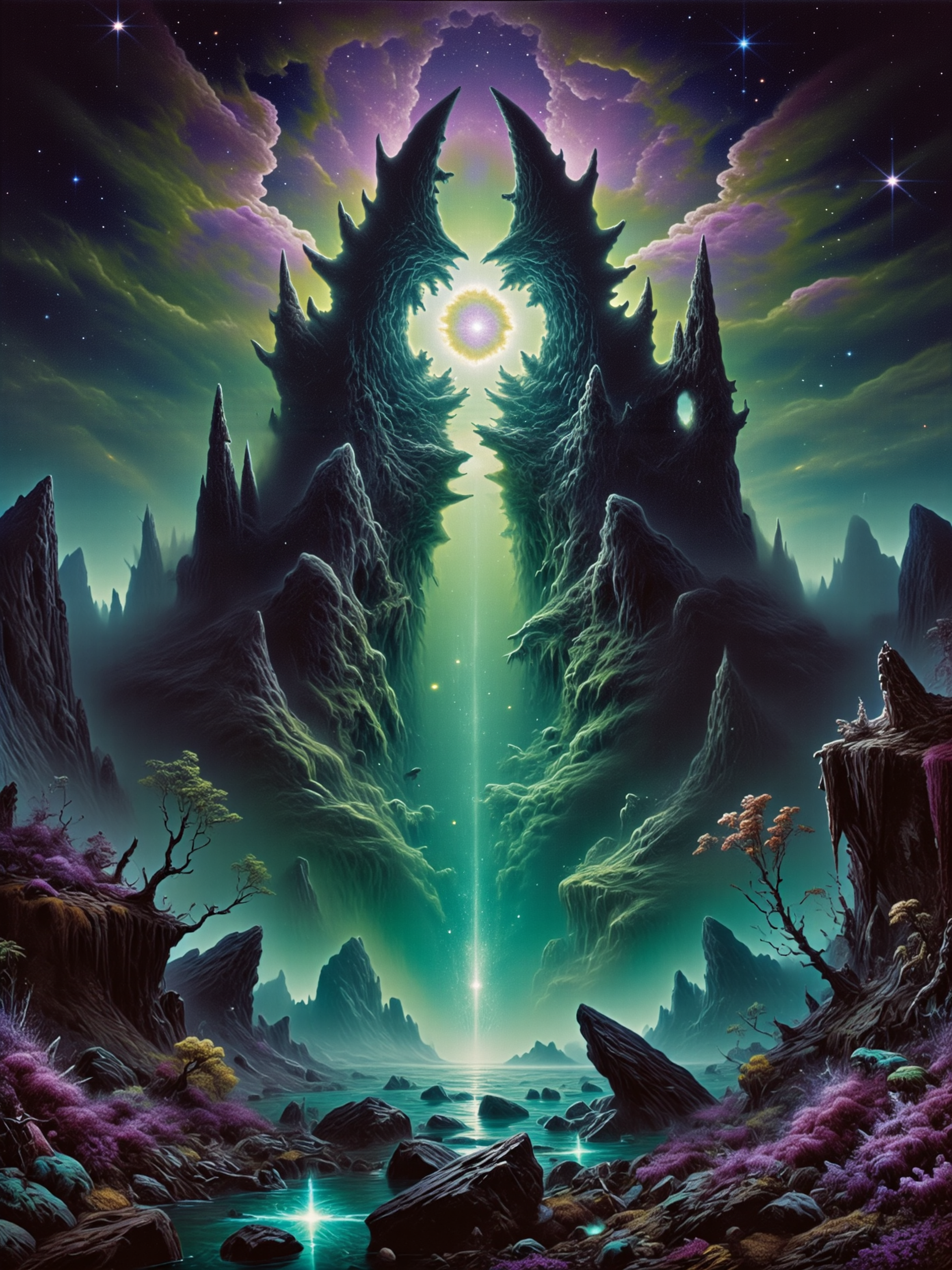 highly detailed and surreal sci-fi horror painting of a symmetrical gothic sci-fi dimension portal, movie poster style, blending supernatural elements with an atmosphere of haunting mystery, an eldritch landscape on a distant world, under a vast, dark sky lit with a galactic nebula and fractal, swirling clouds, the terrain is covered in strange alien plants and littered with bizarre rocks, pools of phosphorescent glowing liquid cast an eerie glow, the central focus is a towering, ominous dimensional portal in a gothic sci-fi architectural style suspended above a crater, its edges crackling with unnatural energy, glowing with swirling hues of deep purples, greens, and blues, ghostly shapes within the portalâs glowing core hint at terrifying, otherworldly creatures, in the foreground, twisted alien vegetation with serrated leaves and surreal, fractal shapes frame the portal, adding an unsettling atmosphere to the landscape, wafts of glowing mist drift across the terrain, the portal dominates the scene, towering over everything and casting a menacing glow that warps the ground below, radiating power and darkness, it draws the viewerâs eye to its shifting, mesmerizing light, while in the background, shadowed outlines of colossal, crumbling statues of forgotten alien deities stand as silent witnesses to the desolation, their faces worn smooth by time, the portals core seems to be alive, its swirling energy shifting and flickering, exuding a sense of deep, ancient malevolence, shadows from the alien foliage twist in the portalâs glow, creating an ever-shifting pattern across the rocky ground, adding to the ominous tension, the image is shot from a low angle, looking upward toward the portal, giving it an overpowering, towering presence, while capturing the alien plants in the foreground and the crumbling statues in the background, the angle adds depth and scale, emphasizing the vast, desolate landscape, soft, light from the portal glows with unnatural hues, casting a ghostly radiance across the landscape, while tendrils of glowing mist move and twist through the scene, creating an ethereal, dreamlike quality, scattered phosphorescent pools add hints of turquoise light, contrasting with the portalâs dark architecture, enhancing the mysterious atmosphere, painted in oil on canvas, intricate details, james web space telescope, cosmos, nebula in the sky, <lora:style-amazing_scenery-v3-flux-by_marielle:1.0> <lora:james_webb_space_telescope-flux-by_motimalu:0.6> <lora:image_enhancer-flux-by_dever:0.8>