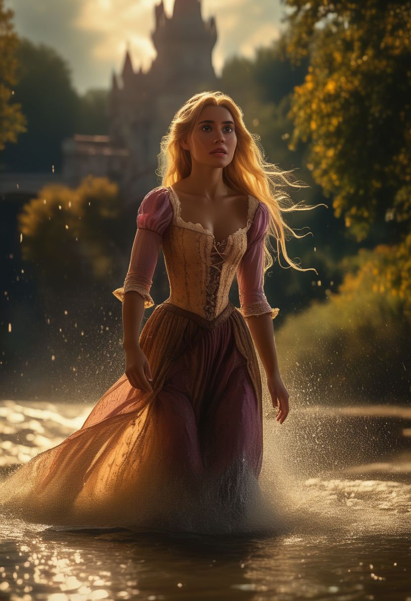 full body shot, realistic, stunningly realistic, trending on artstation, rapunzel, 1girl, riding horse, through the river, water splashes, heavy clouds, light and shadow,,, revealing cleavage, very seductive, detailed dress with lace, barefoot, very long blonde hair , jewelry, sexy look in the face, dynamic pose, posing gracefully on the edge of a fountain, , (masterpiece), best quality, highres, 4k, 8k, intricate detail, cinematic lighting, amazing quality, amazing shading, soft lighting, 35mm, analog style, a realistic photo, film grain, (photorealistic:0.6), taken by a canon eos r5, ultra detailed skin, ultra detailed face, perfect eye, small skin imperfections, large boobs, Stocky body, half-closed green eyes, very long blonde hair, chromatic aberration, colorful, bright colors,