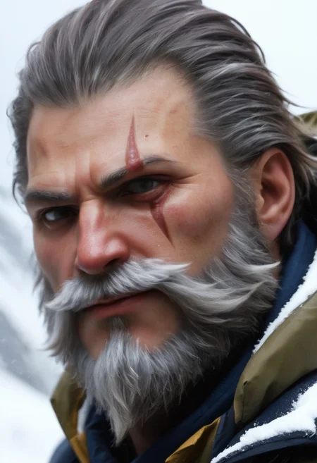 Reinhardt is climbing a towering snowy mountain, wearing a windbreaker, amidst a blizzard, steep peaks, intricate details, best quality, 8K, UHD.<lora:xl-reinhardt-000012:0.7>,scar across eye,beard,white hair,