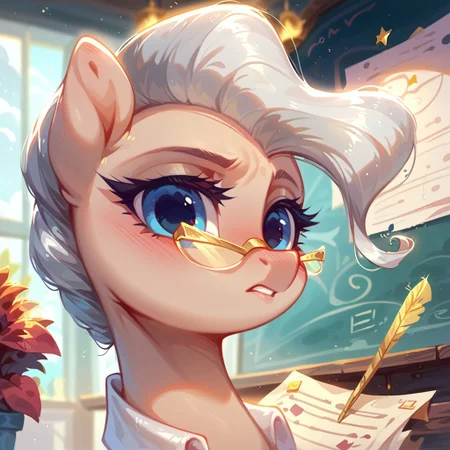 rating_safe, score_9, score_8_up, score_7_up, pony, feral, cute, Mayor Mare, 1girl, non-human, glasses, blue eyes, beige skin, quadruped, animal, pony, gray hair, tail, indoors, pretty face, curvy and petite, heavy blush, light makeup, volumetric lighting, vivid colours, detailed, shiny