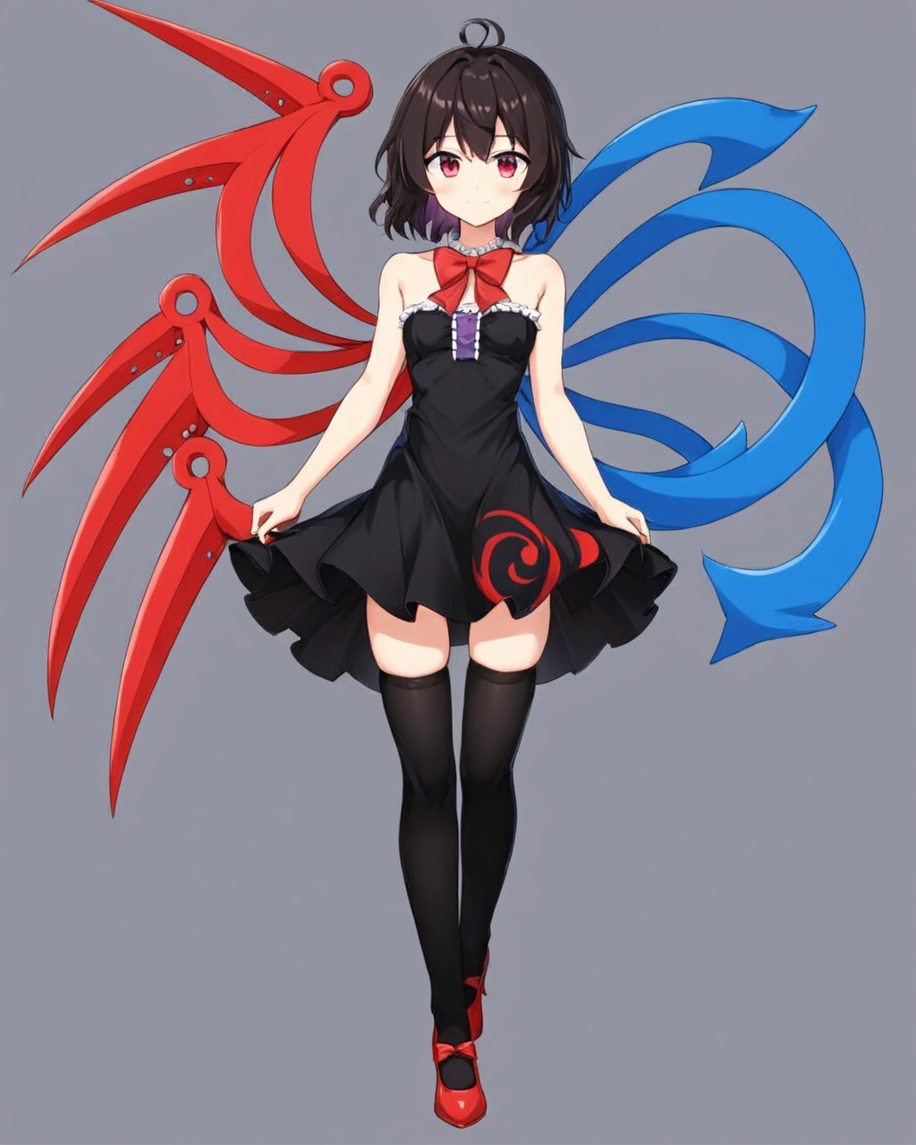 houjuu nue,1girl, solo, asymmetrical_wings, trident, red_footwear, black_dress, black_thighhighs, full_body, looking_at_viewer, smile, high_heels, grey_background, collarbone, arms_behind_back, bare_shoulders, simple_background, strapless_dress, zettai_ryouiki, blue_wings, standing, red_bowtie, holding_weapon, short_dress, closed_mouth, red_wings, adapted_costume, shoes
<lora:houjuu_nue_image7311_2023-12-20:1>,star-shaped_pupils,symbol-shaped_pupils,. gorgeous,key visual, vibrant, studio anime,award-winning, professional, highly detailed,high budget, cinemascope
