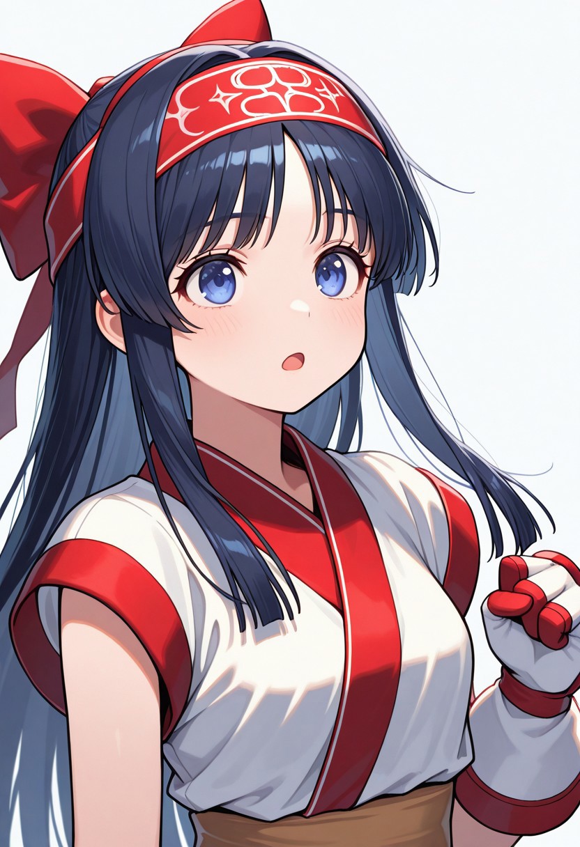masterpiece, best quality, 32k, high resolution, absurdres, ainu, hairband, hair bow, gloves, headband, sidelocks, open mouth, red bow, ribbon, bandana, bow