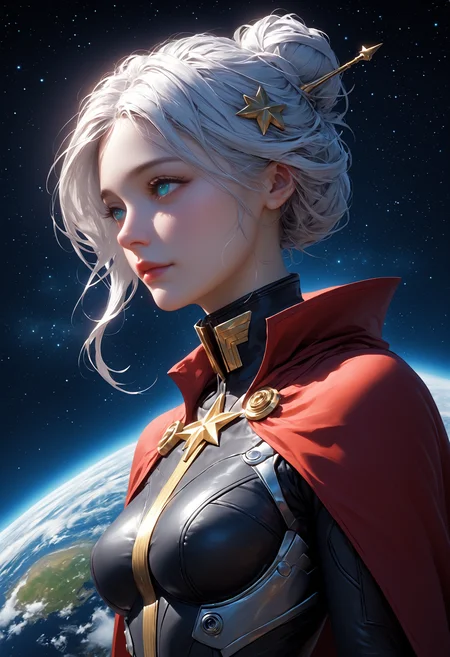 ASCII, photorealistic, OLED, score_9, score_8_up, score_7_up, score_6_up, 1girl, extremely detailed photo of a beautiful woman, nordish woman, 25 yo, round face, cheekbones, wide chin, wide lower jaw, small_nose, small eyebrows, small eyes, turquoise eyes, white hair, strands of hair falling over the face, hair tied into a bun at the back, black military cap, black tight-fitting military jacket with gold buttons, black leggings, red cape with gold fringed shoulder pads, in the galaxy, in front of a planet and the cosmos, side view, slying in the galaxy, raise her arms, dark blue sky, <lora:Expressive_H:0.5> ExpressiveH,<lora:Sinozick_Style_XL_Pony:0.2>, sinozick style, everything is shrouded in white mist, starsky background by jed-cosmos style, dark blue star sky by night, giant grey planet in background behind woman <lora:Jed-Cosmos-sdxl:0.4> Jed-Cosmos, full body