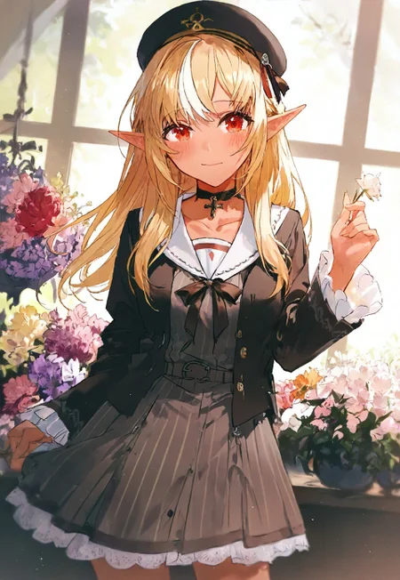 (rella:1.2), hololive, shiranui flare, shiranui flare \(street\), 1girl, artist name, belt, black bow, black bowtie, black cardigan, black collar, blonde hair, bow, bowtie, cardigan, closed mouth, collar, collarbone, cowboy shot, cross-laced clothes, cross-laced sleeves, dark-skinned female, dark elf, dark skin, double-parted bangs, dress, elf, flower, flower shop, frilled sleeves, frills, hair bow, hair intakes, hair over shoulder, hat, holding, holding flower, light blush, long hair, long sleeves, looking at viewer, official alternate costume, official alternate hairstyle, pendant choker, pinstripe dress, pinstripe pattern, pointy ears, red eyes, sailor collar, sailor dress, sailor hat, shop, short dress, skirt, skirt set, smile, solo, striped clothes, striped dress, vertical-striped clothes, vertical-striped dress, virtual youtuber, white stripes, light, light particles