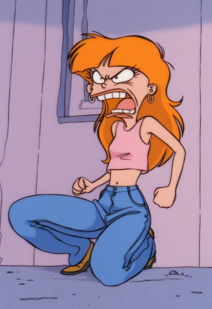 masterpiece, absurdres, highest quality, highly detailed, 1girl, solo, orange hair, midriff, earrings, hoop earrings, crop top, navel, jeans, shoes, long hair, angry, teeth, yelling, retro artstyle
