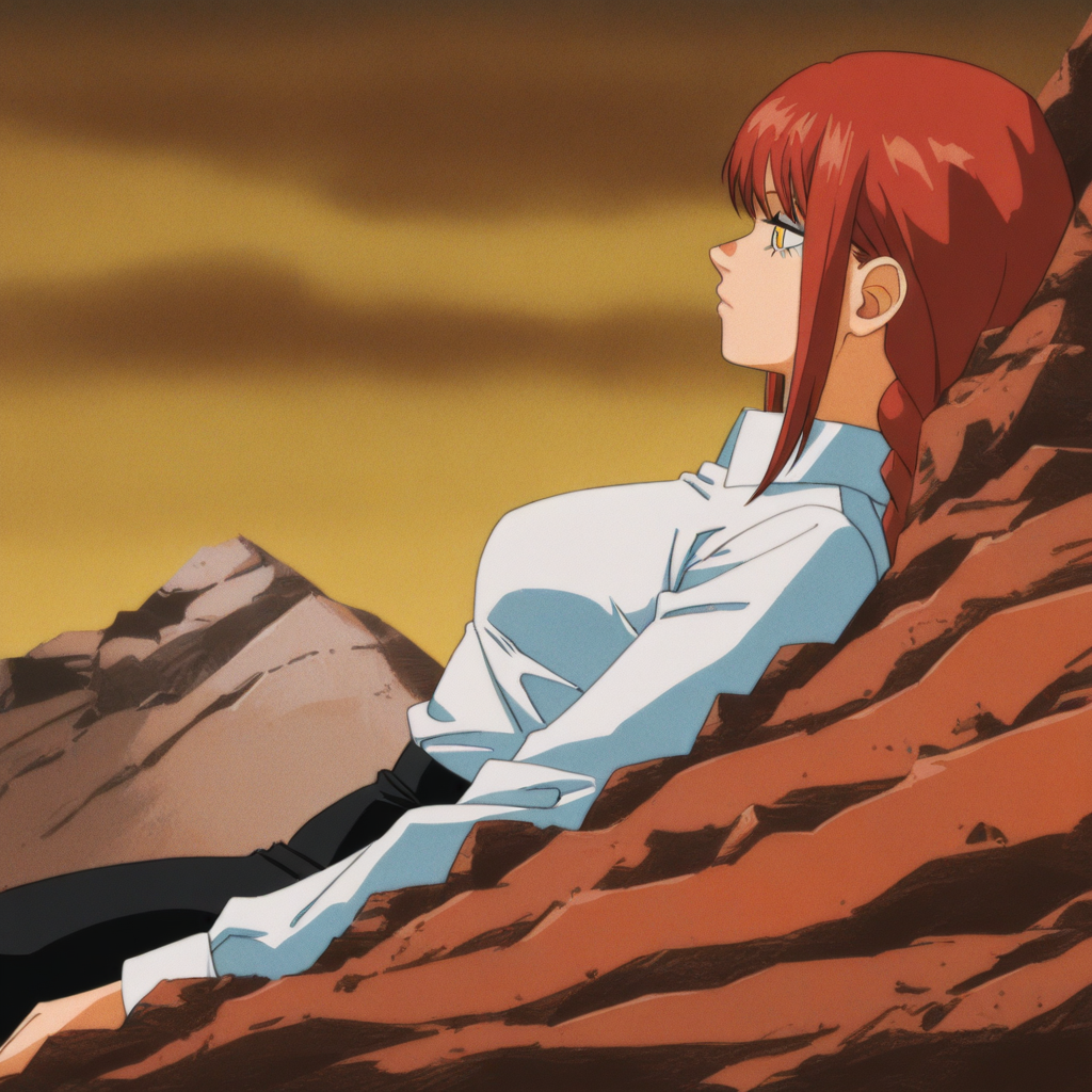 masterpiece, best quality, newest, absurdres, highres, vintage anime, 90s anime, TMTMEMEV1.1-Role:Mark, lying, lying on rock, rock,  1girl, makima \(chainsaw_man\), rehead, red hair, yellow eyes, white shirt,