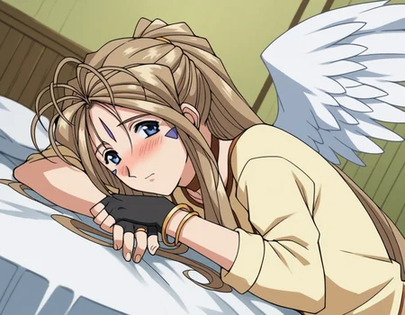 score_9, score_8_up, score_7_up, source_anime,
belldandy, <lora:belldandy-s2-ponyxl-lora-nochekaiser:1>,
belldandy, long hair, blue eyes, brown hair, facial mark, forehead mark,
gloves, wings, choker, fingerless gloves, bracelet, ring, feathers, angel wings,
indoors, bed, bed room, on side, blush, drunk,
cowboy shot, solo, dutch angle, looking at viewer,