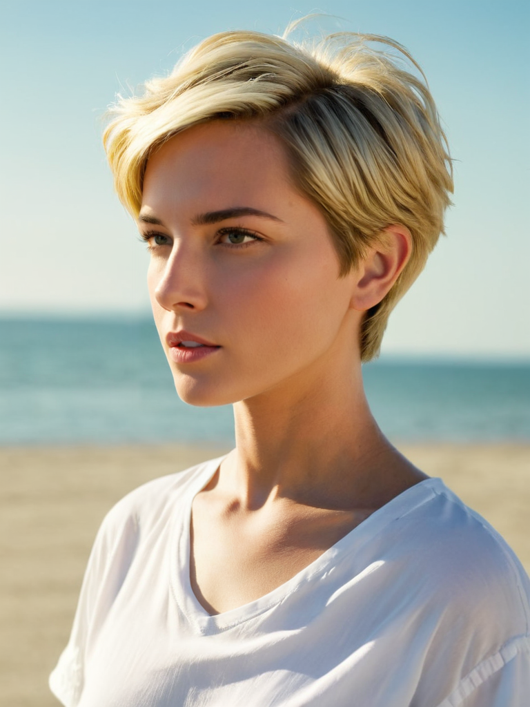 woman, european, dreaming, (looking away:1.7), surprised<lora:A_SHort_Cut_v3_SDXL:1.4>(very short hair:1.4), (tomboy hair:1.4), on the beach, natural blonde, white shirt, (sunny day),