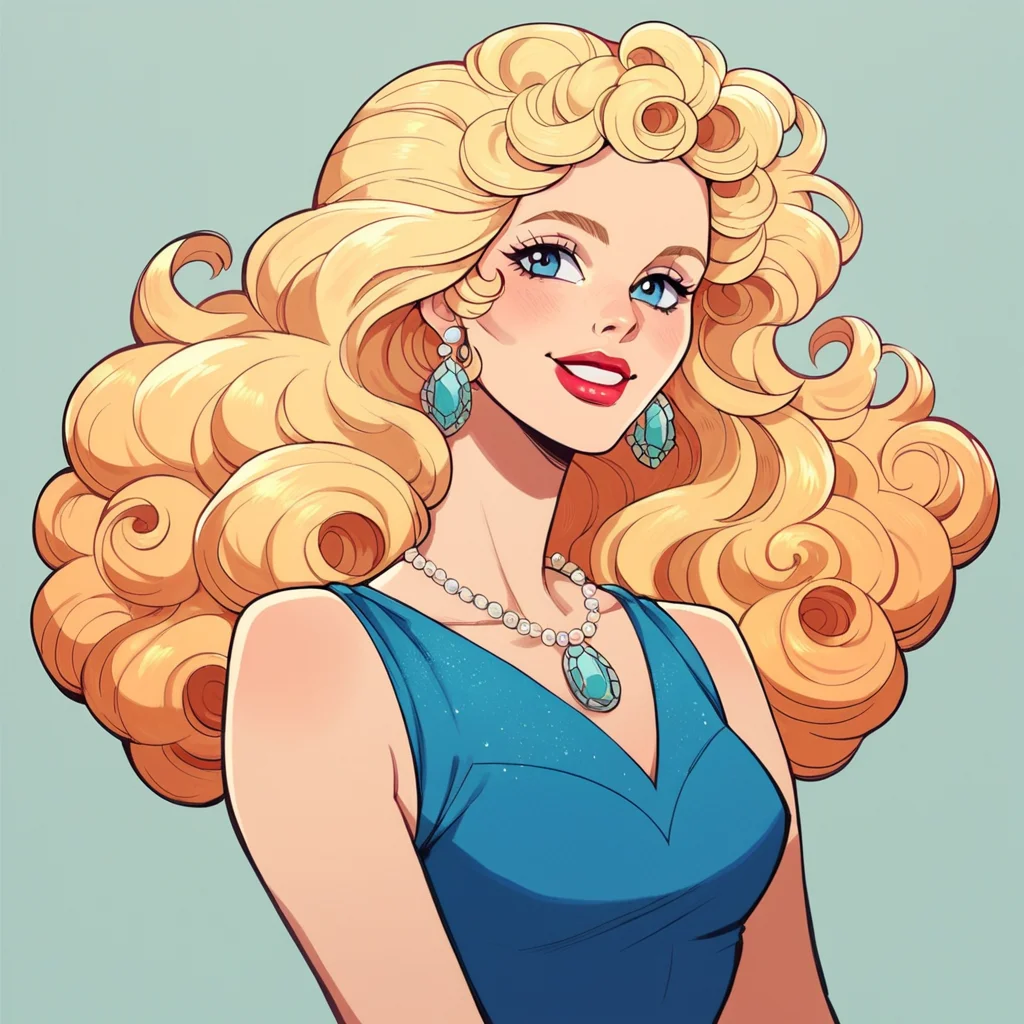 score_9, score_8_up, score_7_up, score_6_up, score_5_up, score_4_up, hud_millirob, 1girl, blonde curly hair, blue eyes, solo, dress, jewelry, retro artstyle, lipstick, smile, <lora:hud_millirob:0.7>